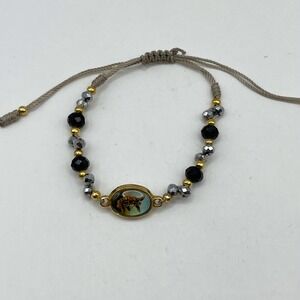 Vintage St Michael Archangel Religious Protection Bracelet Cord Beaded Crystals